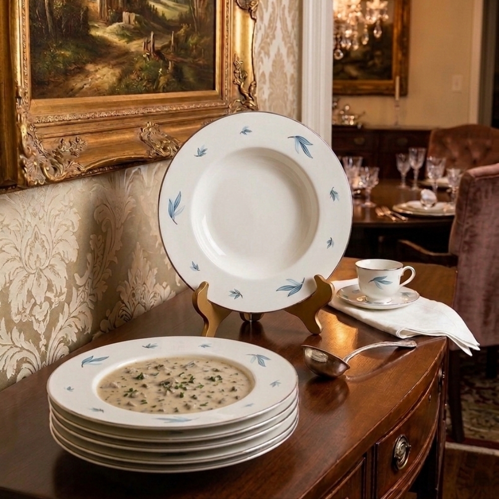 Syracuse China "Celeste" 7-Rim Soup Bowls with Platinum Trim are a set of vintag